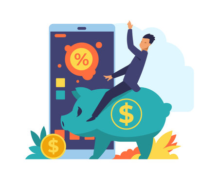 Online banking. Mobile bank application concept. Wealthy happy man makes successful deposits and investments with phone financial app. Cartoon character riding pig. Vector profitable currency exchangeのイラスト素材