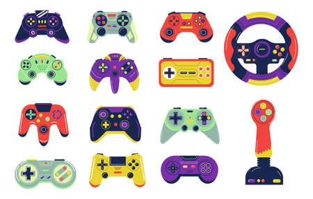 Joysticks. Cartoon controllers for console video gaming. Colorful gamepads control character and...