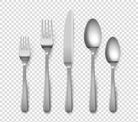 Realistic cutlery. 3D forks and knives or spoons. Isolated metal objects for table setting on transparent background. Top view of silverware set. Vector flatware from stainless steelのイラスト素材