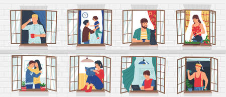 People in windows. Neighbors in building doing activities, people staying home. Men calling and training or working with laptop. Woman watering plants. Couple hugging. Vector scenes setのイラスト素材