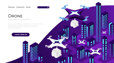Drone landing page. Futuristic shipping and logistic delivery. Industry flying robots carrying boxes with orders. Website UI with buttons. Vector web service for innovation technologiesのイラスト素材