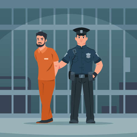 Policeman arrest thief. Police officer and bandit. Policeman escorts criminal to jail. Jailer leads convicted man to prison cell. Lawbreaker punishment. Vector scene of imprisonmentのイラスト素材