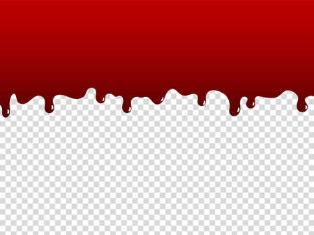Liquid paint. Cartoon red dripping stain. Oozing bloody border on transparent background. Fluid wave, flowing blood template. Flat style horizontal melted substance. Vector scary mockupのイラスト素材