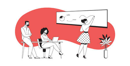 Office discussion. Cartoon female presenting business project and drawing graph on whiteboard. Young men and women communicating in group. Partners meeting. Vector effective teamwork or brainstormingのイラスト素材