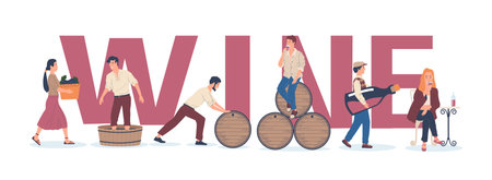 Wine making banner. Process of wine production. People harvesting grapes and preparing alcoholic beverage in barrels, vector delivering of bottles with drink to clients in shops or barsのイラスト素材