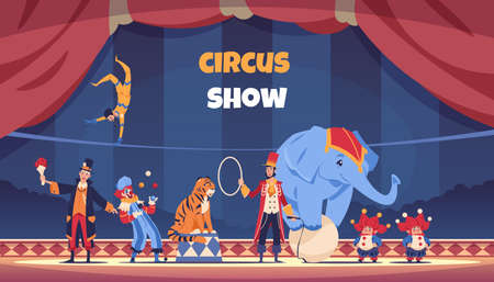 Circus show. Cartoon poster with clown and acrobat. Juggler and magician performing tricks. Trainer with elephant standing on ball and tiger jumping over ring. Vector carnival actorsのイラスト素材