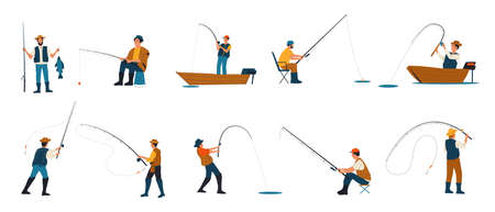 Fisherman. Cartoon people fishing. Characters catching fish with rods while standing on shore of lake and sitting on folding chairs or from boats. Males hobby. Vector leisure pastimeのイラスト素材