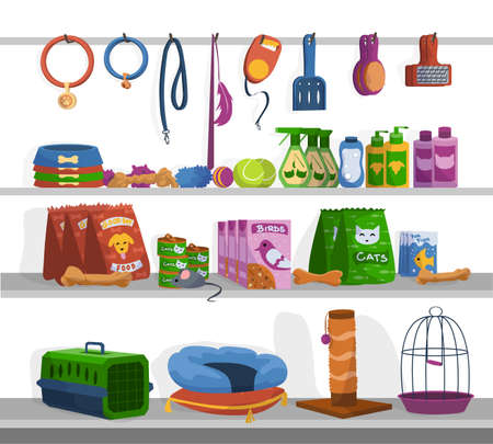 Pet shop. Cartoon toys, foods and goods for cats and dogs. Assortment of store shelves. Tray or scratching post, bird cage and chewing bones. Vector feed and leashes for walking animalsのイラスト素材