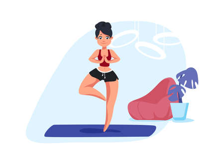 Girl doing breath exercise. Woman standing in asana pose. Young female practicing yoga at home. Character meditating and training concentration. Vector workout for health and wellnessのイラスト素材