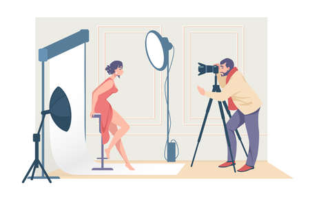 Cartoon photographers shooting model. Man taking pictures with professional camera and light equipment. Woman posing in photo studio, making photography, fashion and beauty vector conceptのイラスト素材