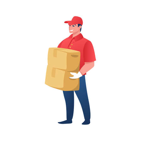Delivery worker. Cartoon courier with parcels. Strong employee of shipping service holding cardboard boxes. Smiling muscular man in uniform. Vector character carrying orders to customersのイラスト素材