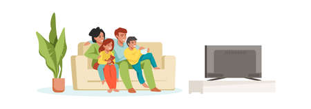 Family watching TV. Parents and children at home. Cartoon mother and father with kids embracing sitting on couch in living room. Young people spend time together. Vector leisure activitiesのイラスト素材