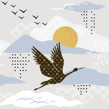 Japanese art. Traditional Asian floral and natural print. Oriental mountain landscape. Crane flying in cloudy sky. Decorative banner with minimal graphic elements. Vector illustrationのイラスト素材