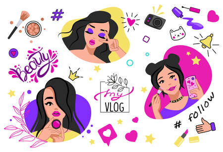 Blogger post. Cartoon beauty blog banner. Girls using decorative cosmetic products. Women recording videos with makeup tutorial. Female portraits and lettering. Vector content creators setのイラスト素材