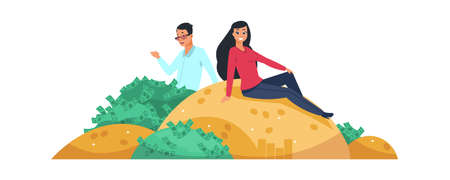 Rich people. Vector couple man and woman sitting on gold mount and bunch of money. Financial success cartoon concept. Lucky businessman makes profit, young millionaire charactersのイラスト素材