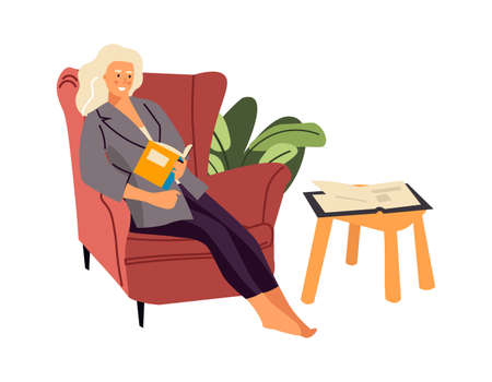Reading woman. Cartoon female sitting in armchair and holding book. Smiling character resting at home. Clever girl studying textbook. Hobby and leisure pastime, vector illustrationのイラスト素材