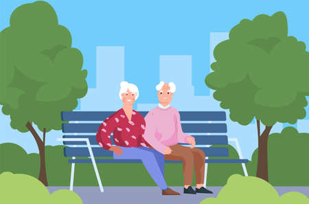 Seniors couple in park. Elderly people sitting on bench. Old man and woman walking in city recreational area. Gray-haired characters spend time together outdoor. Vector leisure pastimeのイラスト素材