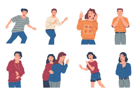 Panic people. Cartoon afraid characters with stress and shock reaction, horrified men or women. Teenagers with frightened facial expressions. Vector scared persons scream and run awayのイラスト素材