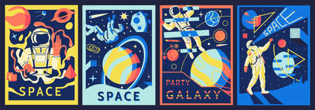 Futuristic astronaut posters. Cosmonaut in outer space. Abstract banners set with psychedelic shapes and universe explorers. Colorful spacecraft and planets. Vector cosmic adventureのイラスト素材