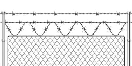 Barbwire fence. Realistic metal military border for secured territory. Metallic mesh fencing section with barbed wire. Grid enclosure for prison. Protective barrier, vector perimeterのイラスト素材