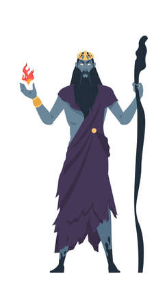 Hades. Supreme god of underworld. Divine character in Greek mythology. Pluto in Roman religion. Man in torn toga with wooden staff. Deity holding flame in hand. Vector pantheonのイラスト素材
