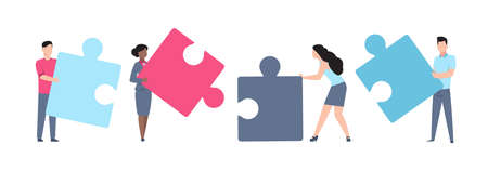 Business teamwork. Cartoon men and women holding puzzle. Employees working together. People teamed up to solve jigsaw. Collaboration and partnership, vector collective brainstormingのイラスト素材