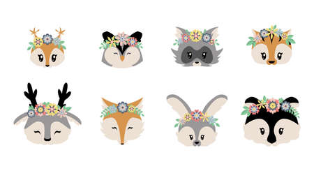 Woodland animals. Cartoon forest characters in flower wreaths. Isolated baby faces set. Funny fox and squirrel, furry raccoon or rabbit. Decorative template for stickers. Vector wild faunaのイラスト素材