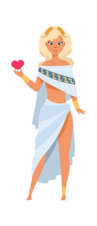 Aphrodite or Venus. Cartoon goddess of love and beauty. Ancient Greek god in toga and gold wreath. Beautiful woman holding red heart. Mythological divine female, vector religious characterのイラスト素材