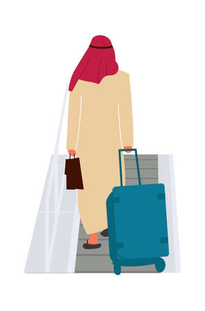 Arab man in airport. Passenger walks with baggage. Back view of Arabian male on escalator in departure terminal. Character in white traditional east suit and red scarf, vector touristのイラスト素材