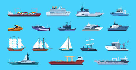 Boats. Cartoon nautical ships. Passenger or cargo vessels and warships. Side view of marine transport set. Brigantine and aircraft carrier sailing in ocean. Vector transportation by seaのイラスト素材