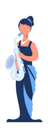 Cartoon musician. Woman with saxophone. Female playing music. Cute character holding musical instrument. Symphonic orchestra saxophonist or jazz band performer. Vector trumpet playerのイラスト素材