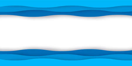 Origami blue water waves. 3D paper cut design. Blank frame with copy space. Wavy borders. Horizontal abstract banner template. Color gradient and shadow effect. Vector marine style mockupのイラスト素材