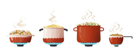 Cooking pot. Cartoon saucepan and kitchenware equipment on gas with boiling food and steam. Utensil for preparing meal on fire. Household crockery set. Vector side view of dinnerwareのイラスト素材