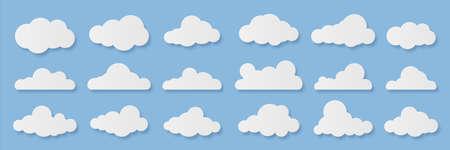Clouds. Cartoon rainy sky. Paper cut decorative cloudy forms. Fluffy shapes on blue background. Origami templates set. Weather forecast mockup or computing signs. Vector heaven elementsのイラスト素材