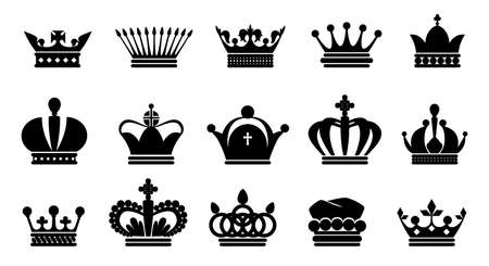 Crown black icons. Royal princess or prince symbol silhouette, king and queen monarch logo collection. Contour medieval imperial headdresses. Vector elegance coronation headwear setのイラスト素材
