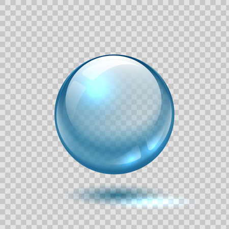 Clear glass bubble. Realistic blue sphere. 3D ball on transparent background. Glossy crystal object with shadow and light reflection. Circle shape lens template. Vector round water dropのイラスト素材