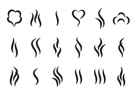 Aroma steam logo. Vapor or smell icons. Hot temperature beverages silhouettes signs. Minimal symbols of boiling and frying cooking pan. Vector water evaporation isolated badges setのイラスト素材