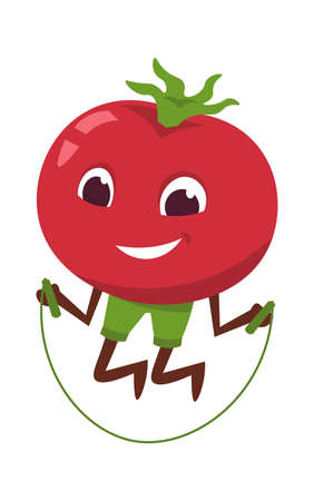 Cartoon tomato exercising. Food product mascot jumping rope. Isolated happy character training at home. Athlete doing sport activities in gym. Fitness workout. Vector healthy lifestyleのイラスト素材