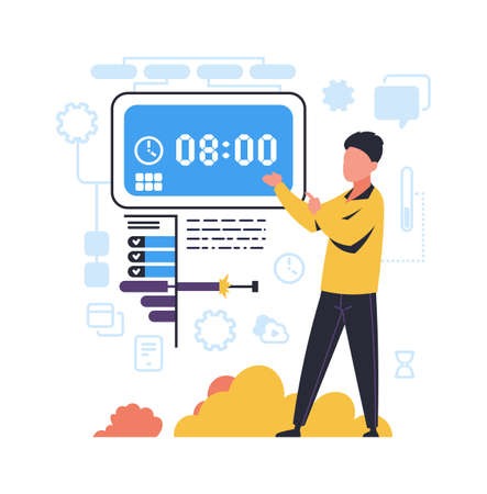 Time management. Organization of work processes concept. Man points to timepiece. Timetable control. Workflow optimization. Scheduling appointments and deadlines. Vector job planningのイラスト素材