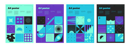Bauhaus banners. Abstract minimal A4 posters. Geometric shapes and lines in square frames. Blue or purple placards set. Scandinavian art collage. Vector bright flyers with copy spaceのイラスト素材