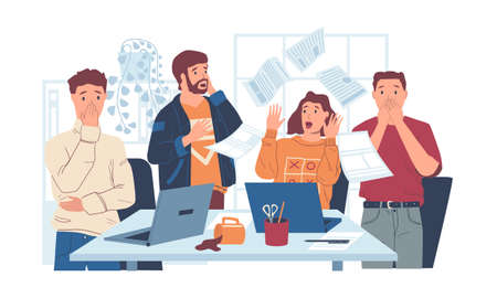 Chaos in office. Stressed workers with shock reaction. Surprised people look at flying pages. Mess...