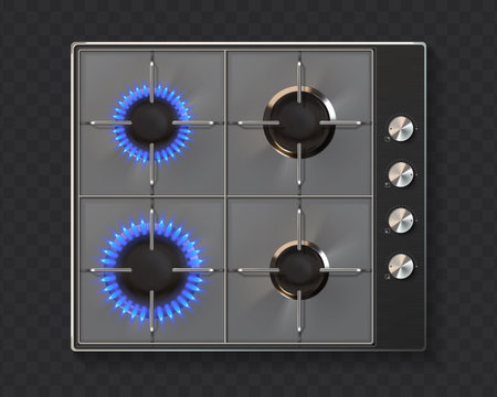 Gas stove. Realistic kitchen appliance. 3D oven with on and off burners on transparent background. Top view of household equipment for cooking meal. Vector preparing food on burning fireのイラスト素材