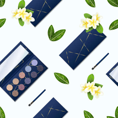 Eyeshadow pattern. Realistic seamless texture of makeup palette with glitter shadows. Opened or closed cosmetic boxes for dry compact colorful pigments. Vector leaves and white flowersのイラスト素材