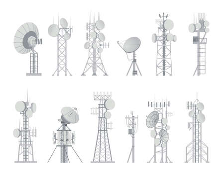 Wireless antenna. Analog aerial communication receiver. Connection and broadcast constructions set. Digital equipment for signal or data transmission. Vector internet or cellular towersのイラスト素材