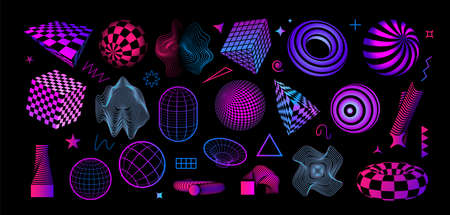 Retro futuristic shapes. Abstract geometric figures. Bright cubes and spheres with grid texture. Concentric circles and minimal contour forms. Vector decorative dynamic elements setのイラスト素材