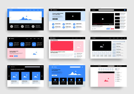 Website wireframe. Web landing page templates. Blank interfaces types set of multimedia players and online photography portfolio. Network UI with users profiles icons. Vector mockupsのイラスト素材