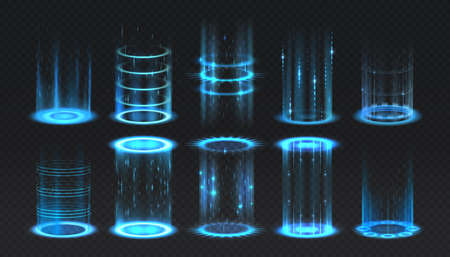 Realistic portal. Level up and teleportation process game effect, futuristic lighting and bright wrap aura. Glowing neon energy circles set. Vector vertical teleport with luminous beamsのイラスト素材