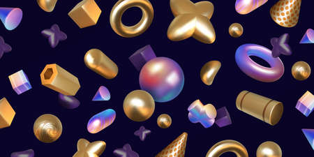 Realistic abstract background. 3D render with holographic and metallic shapes. Trendy art iridescent elements. Geometric forms with color gradient. Vector golden and rainbow figuresのイラスト素材
