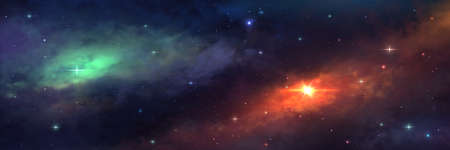 Universe background. Cosmic view with stars and colorful galaxy nebula. Realistic night sky wallpaper. Scenic starry heaven. Starlight in infinity dark. Vector outer space illustrationのイラスト素材