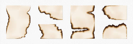 Burn paper. Realistic page corners and edges with brown ashes on transparent background. Fire-damaged documents set. Scorched borders of old pages. Vector empty notes with burnt effectのイラスト素材